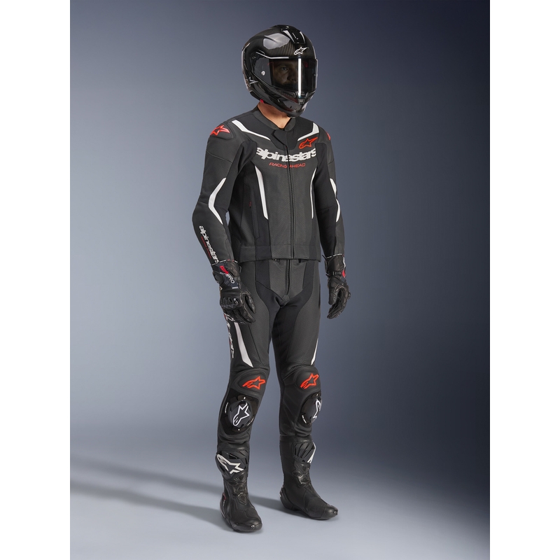 Costum de piele Alpinestars GP Force V2 din două piese negru-alb-roșu fluo
