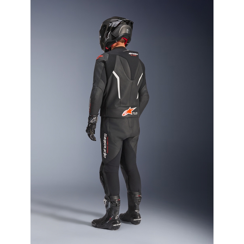 Costum de piele Alpinestars GP Force V2 din două piese negru-alb-roșu fluo
