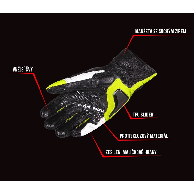 Mănuși moto pentru femei Street Racer XTR negru=alb-galben fluorescent lichidare