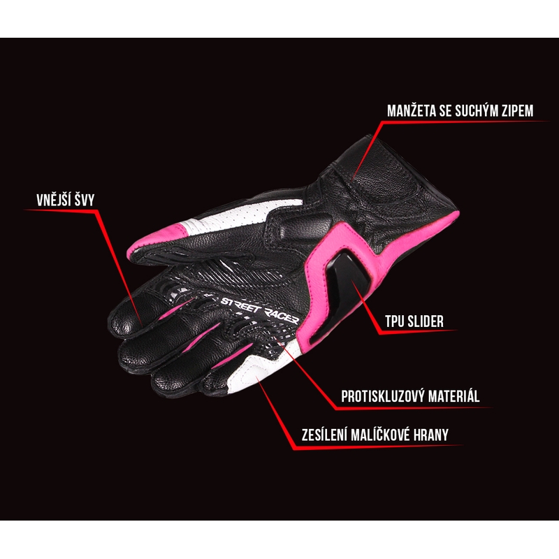 Mănuși moto pentru femei Street Racer XTR negru-alb-roz  stoc lichidare