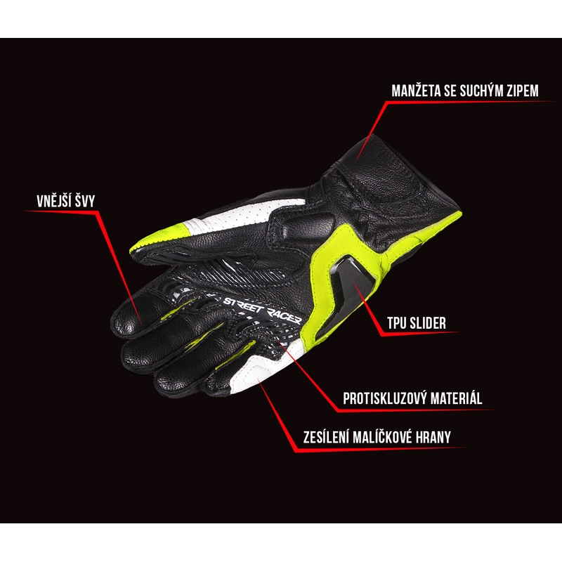 Mănuși moto Street Racer XTR negru-alb-galben fluorescent výprodej lichidare