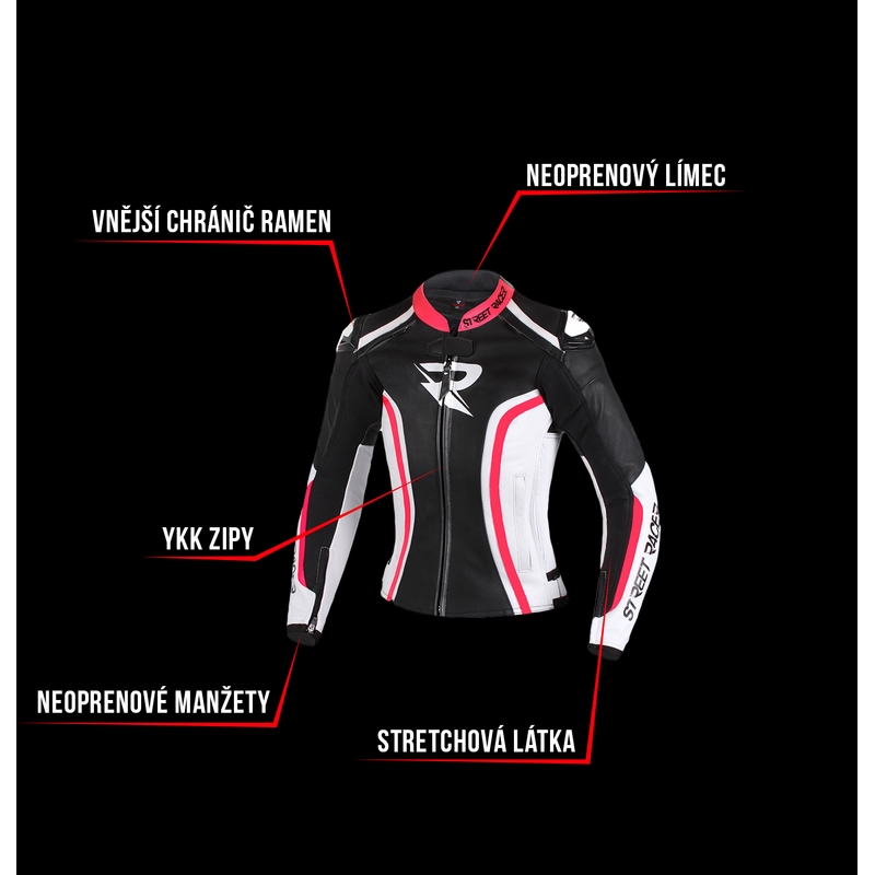 Geacă moto pentru femei Street Racer Electra negru-alb-roz fluorescent lichidare