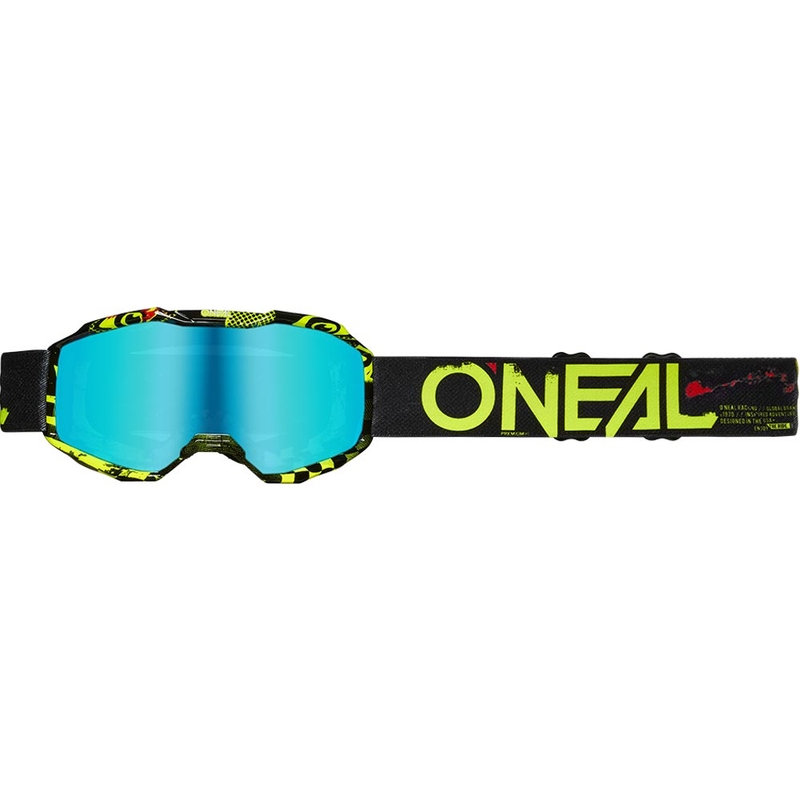 Ochelari motocross pentru copii O'Neal B-10 Attack negru-galben fluo cu plexiglas albastru iridiu