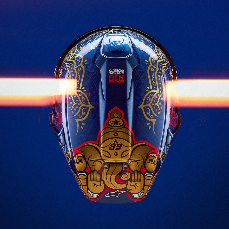 Cască integrală pentru motocicletă Alpinestars Supertech R10 Marthainator ediție limitată JORGE MARTIN albastru perlat auriu roșu