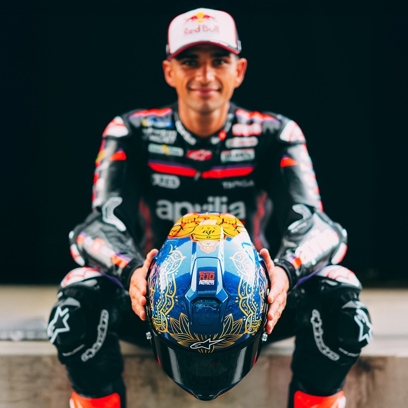 Cască integrală pentru motocicletă Alpinestars Supertech R10 Marthainator ediție limitată JORGE MARTIN albastru perlat auriu roșu