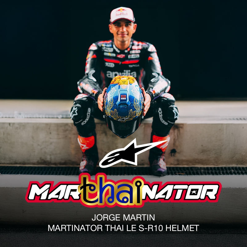 Cască integrală pentru motocicletă Alpinestars Supertech R10 Marthainator ediție limitată JORGE MARTIN albastru perlat auriu roșu