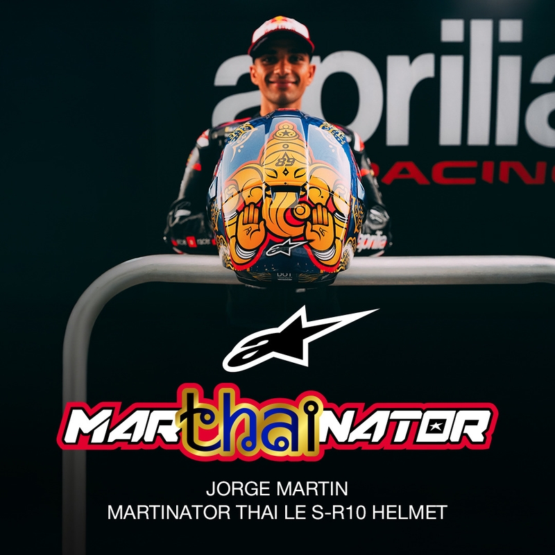 Cască integrală pentru motocicletă Alpinestars Supertech R10 Marthainator ediție limitată JORGE MARTIN albastru perlat auriu roșu