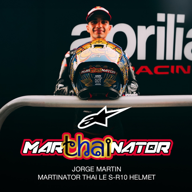 Cască integrală pentru motocicletă Alpinestars Supertech R10 Marthainator ediție limitată JORGE MARTIN albastru perlat auriu roșu