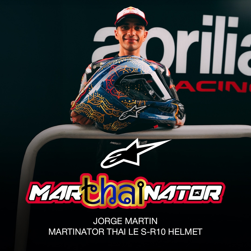 Cască integrală pentru motocicletă Alpinestars Supertech R10 Marthainator ediție limitată JORGE MARTIN albastru perlat auriu roșu