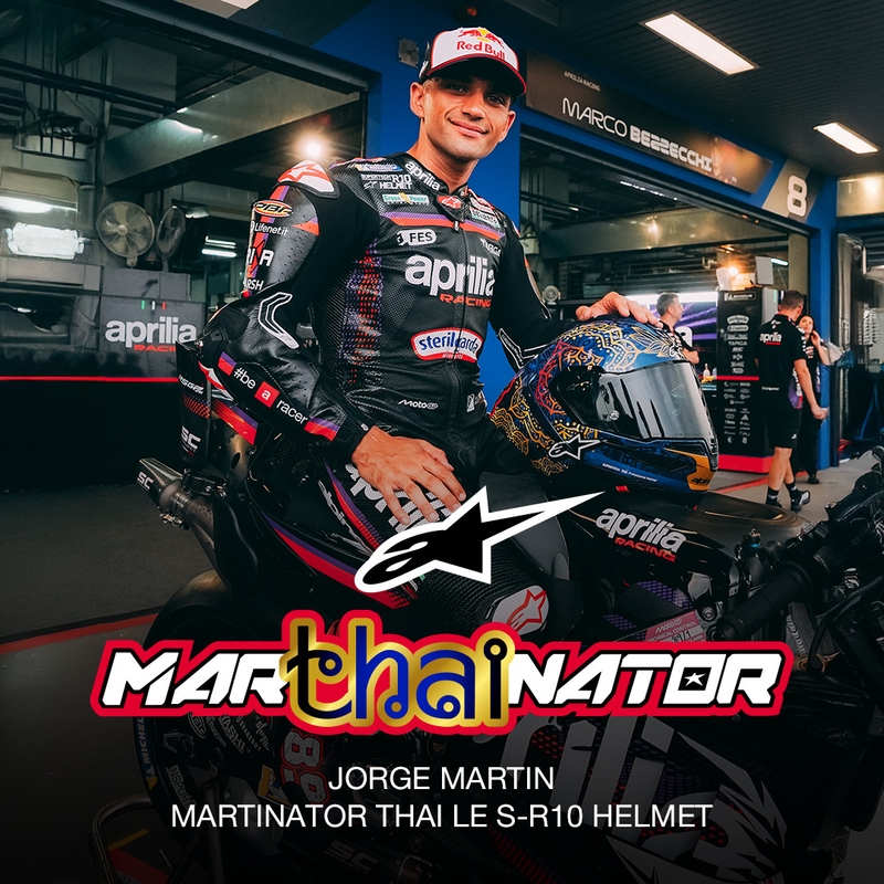 Cască integrală pentru motocicletă Alpinestars Supertech R10 Marthainator ediție limitată JORGE MARTIN albastru perlat auriu roșu