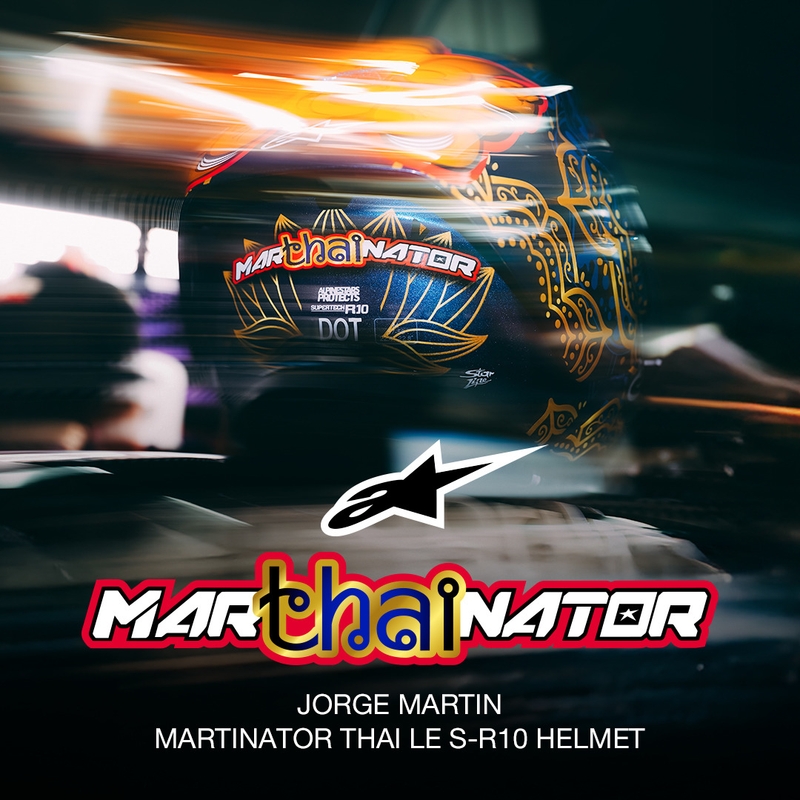 Cască integrală pentru motocicletă Alpinestars Supertech R10 Marthainator ediție limitată JORGE MARTIN albastru perlat auriu roșu
