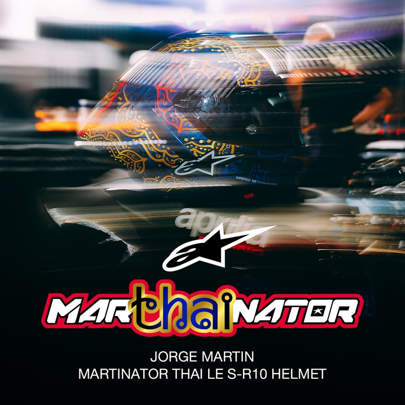 Cască integrală pentru motocicletă Alpinestars Supertech R10 Marthainator ediție limitată JORGE MARTIN albastru perlat auriu roșu