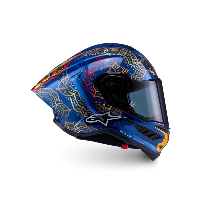 Cască integrală pentru motocicletă Alpinestars Supertech R10 Marthainator ediție limitată JORGE MARTIN albastru perlat auriu roșu