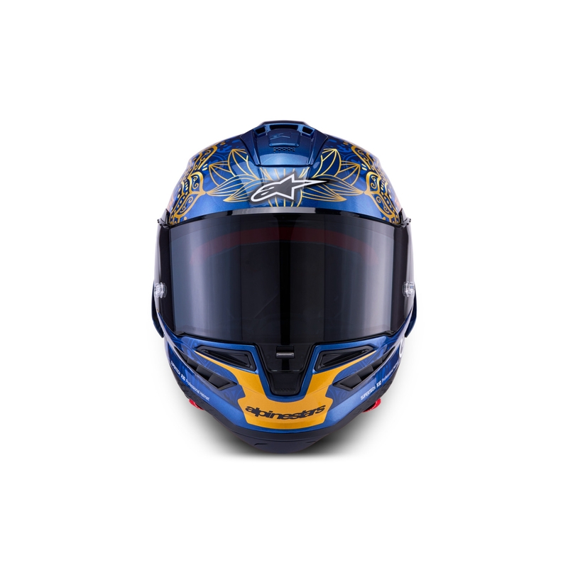 Cască integrală pentru motocicletă Alpinestars Supertech R10 Marthainator ediție limitată JORGE MARTIN albastru perlat auriu roșu