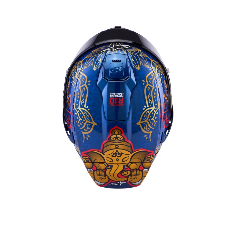 Cască integrală pentru motocicletă Alpinestars Supertech R10 Marthainator ediție limitată JORGE MARTIN albastru perlat auriu roșu