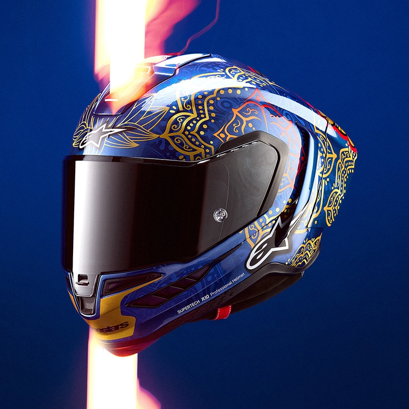 Cască integrală pentru motocicletă Alpinestars Supertech R10 Marthainator ediție limitată JORGE MARTIN albastru perlat auriu roșu
