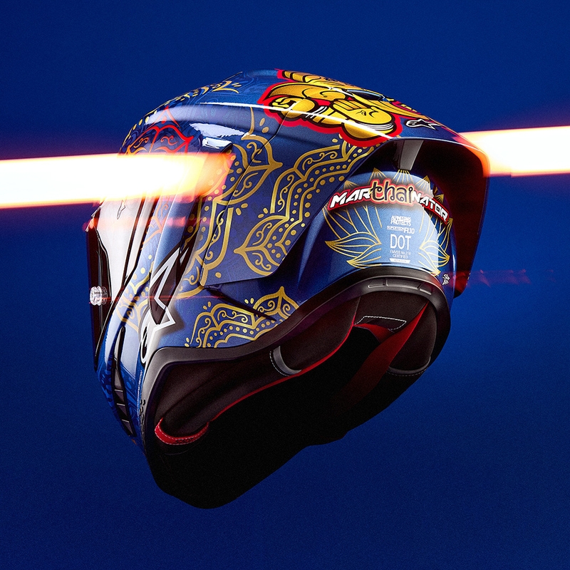 Cască integrală pentru motocicletă Alpinestars Supertech R10 Marthainator ediție limitată JORGE MARTIN albastru perlat auriu roșu