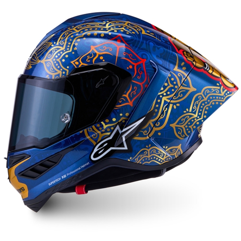 Cască integrală pentru motocicletă Alpinestars Supertech R10 Marthainator ediție limitată JORGE MARTIN albastru perlat auriu roșu