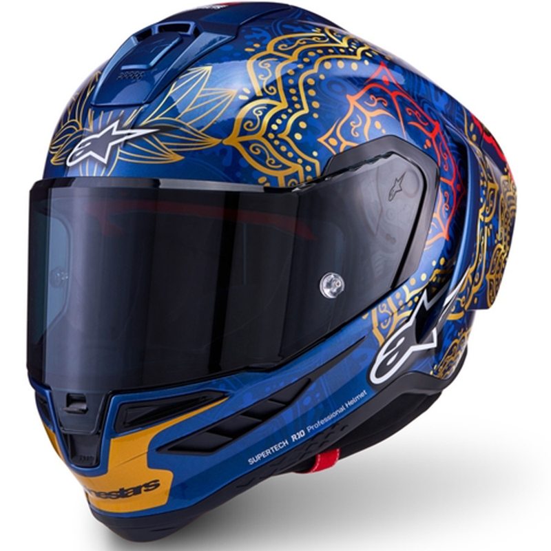 Cască integrală pentru motocicletă Alpinestars Supertech R10 Marthainator ediție limitată JORGE MARTIN albastru perlat auriu roșu
