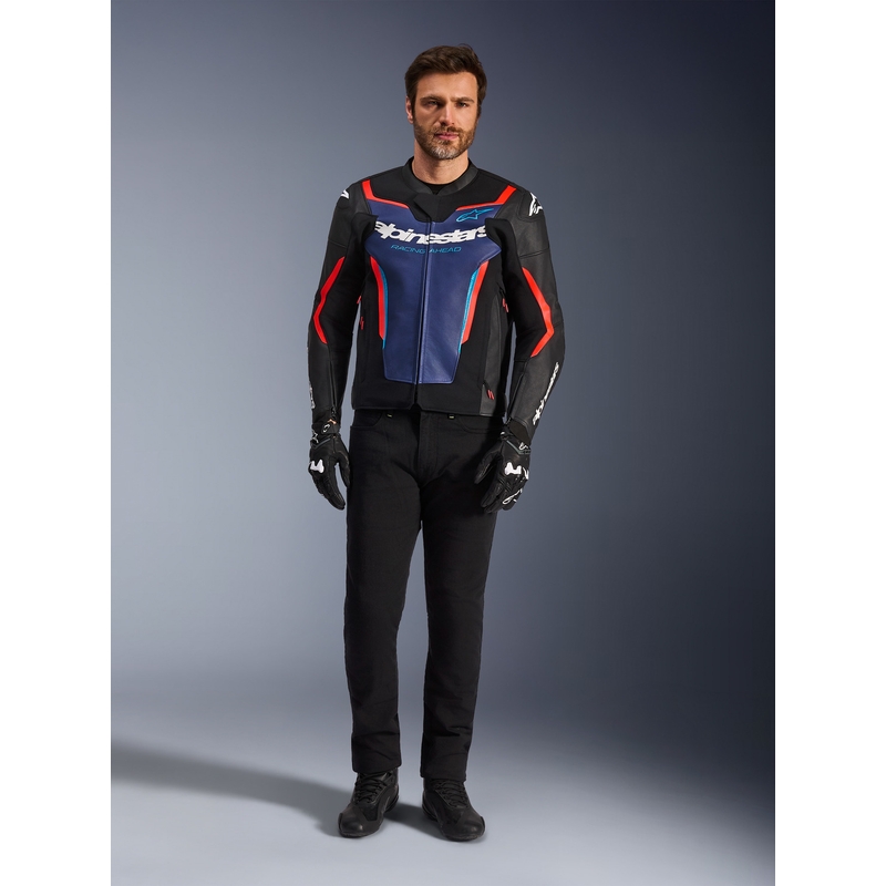 Geacă de piele pentru motocicletă Alpinestars GP Force V2 negru-albastru-roșu fluo