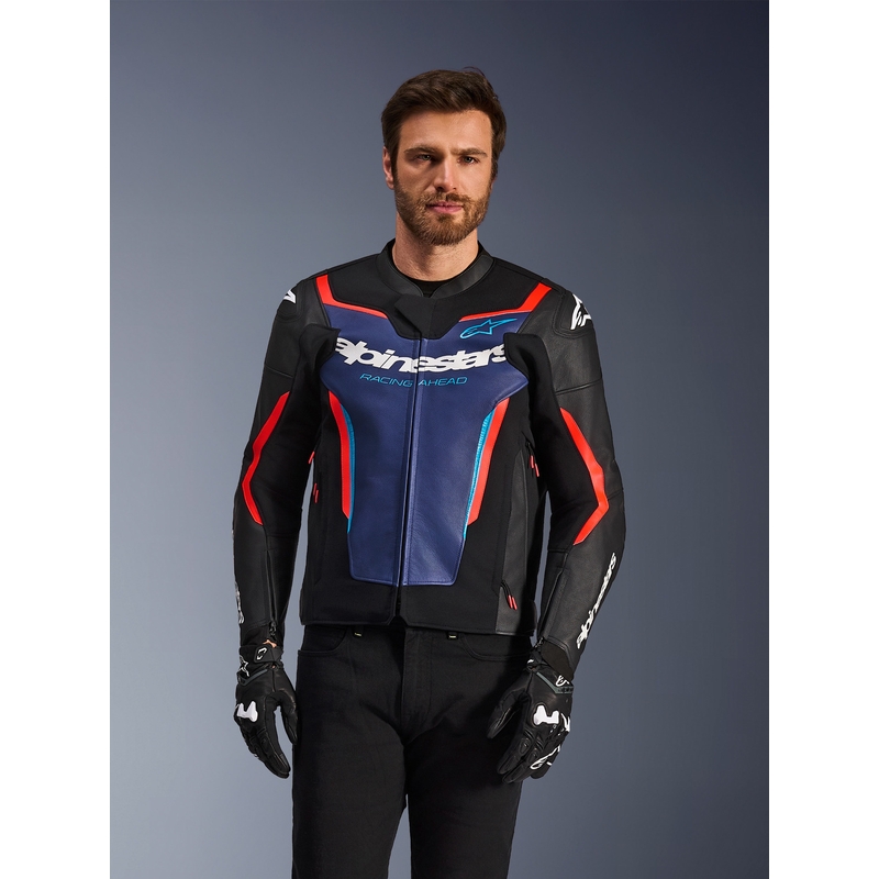 Geacă de piele pentru motocicletă Alpinestars GP Force V2 negru-albastru-roșu fluo