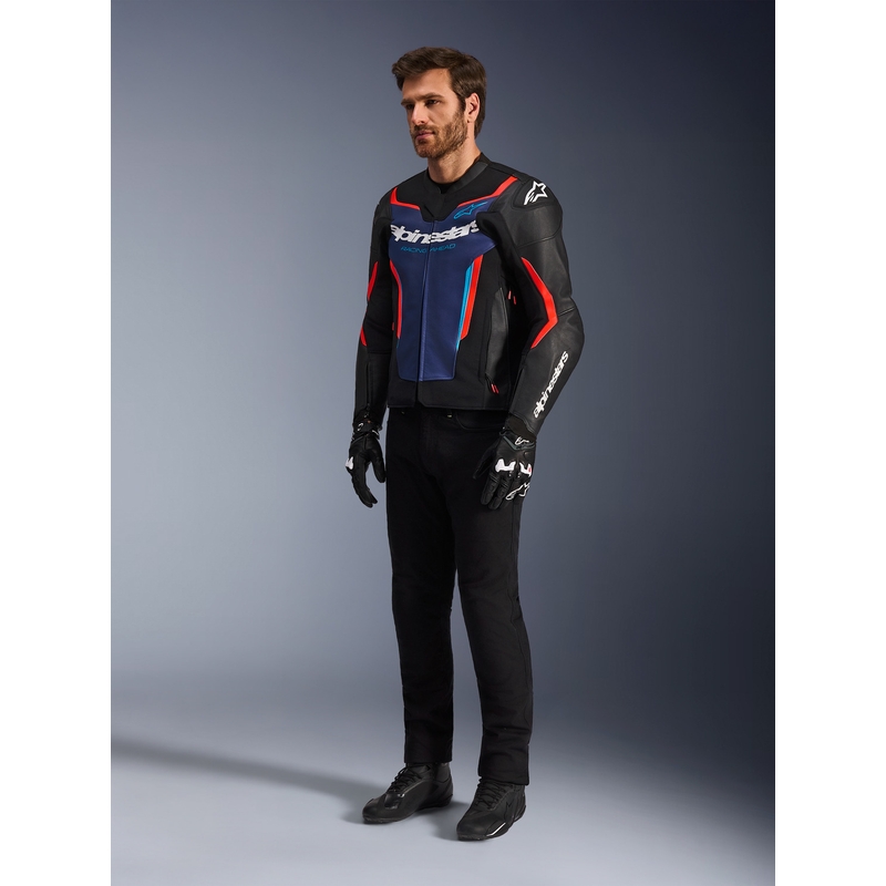 Geacă de piele pentru motocicletă Alpinestars GP Force V2 negru-albastru-roșu fluo