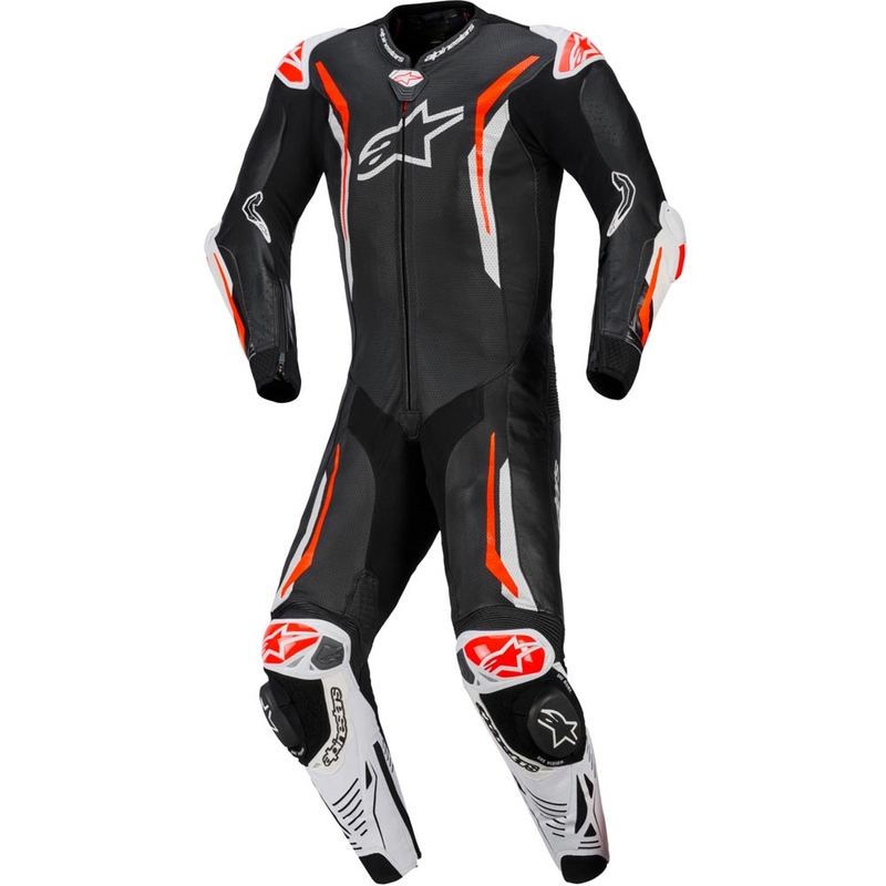 Costum de motocicletă din piele Alpinestars GP TECH V5 negru-alb-roșu fluo