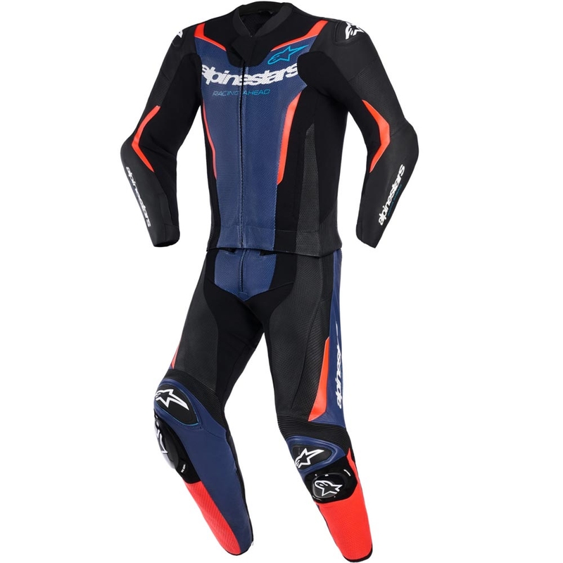 Costum de motocicletă Alpinestars GP Force V2 din două piese negru-albastru-roșu fluo
