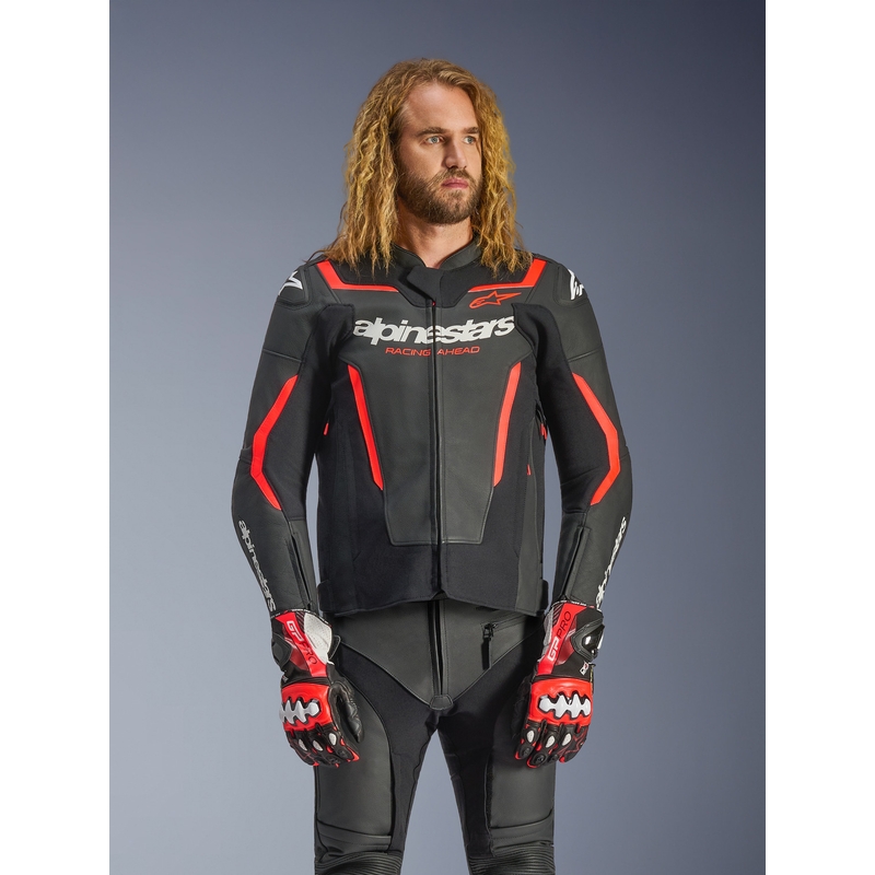 Geacă de piele pentru motocicletă Alpinestars GP Force V2 negru-roșu fluo-alb