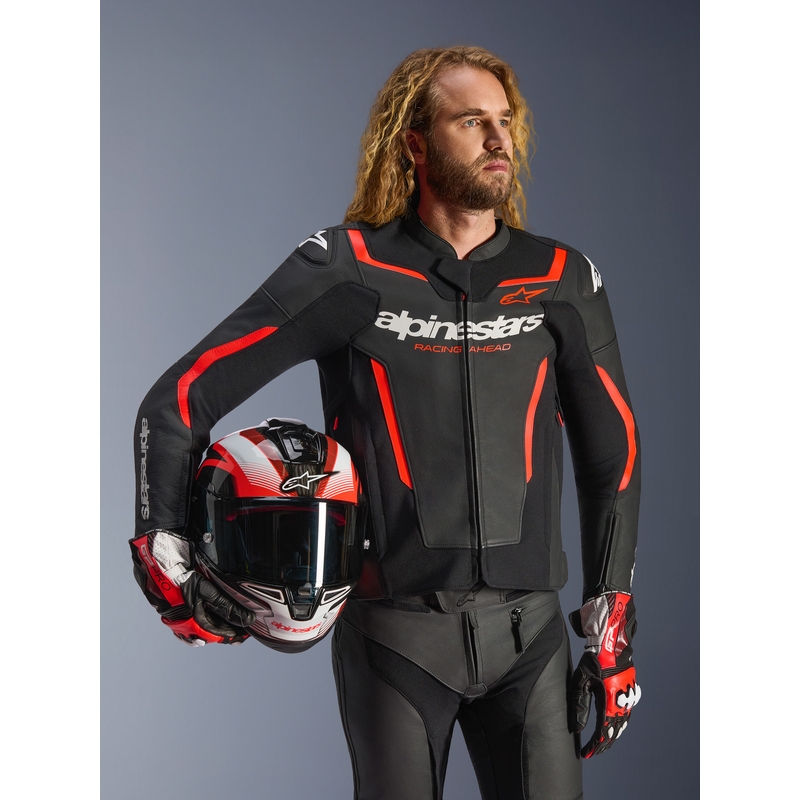 Geacă de piele pentru motocicletă Alpinestars GP Force V2 negru-roșu fluo-alb