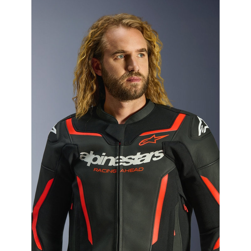 Geacă de piele pentru motocicletă Alpinestars GP Force V2 negru-roșu fluo-alb