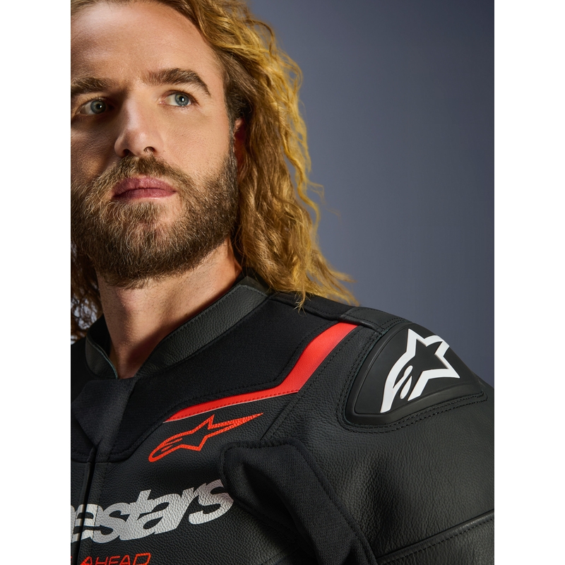 Geacă de piele pentru motocicletă Alpinestars GP Force V2 negru-roșu fluo-alb
