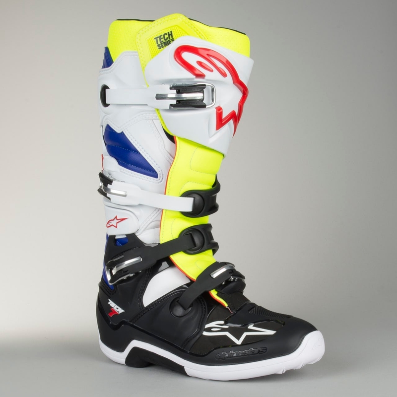 Alpinestars Tech 7 alb-negru-albastru-albastru-roșu-galben-fluo cizme de motocicletă