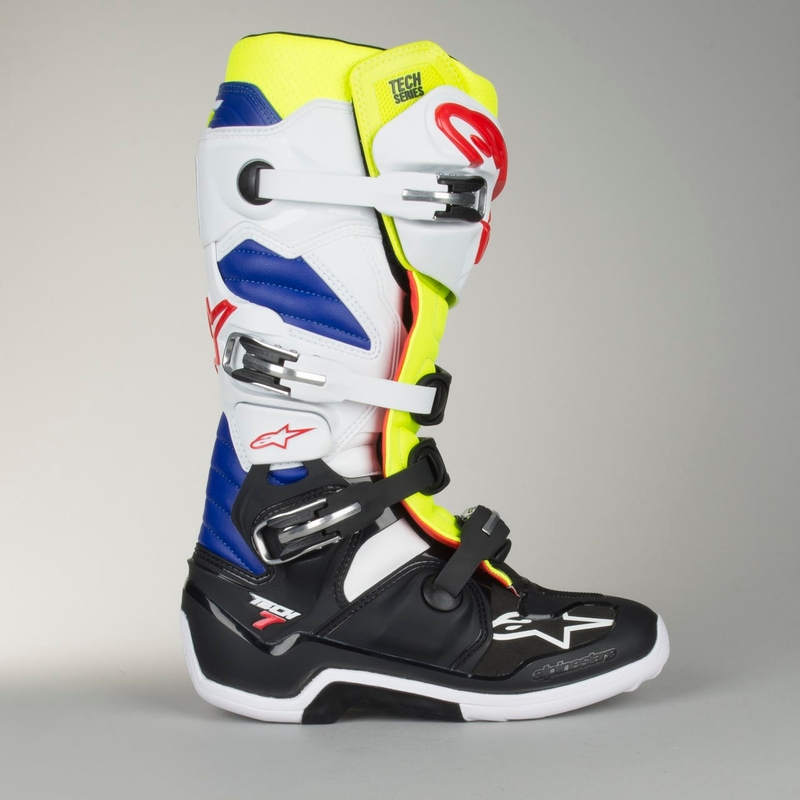 Alpinestars Tech 7 alb-negru-albastru-albastru-roșu-galben-fluo cizme de motocicletă