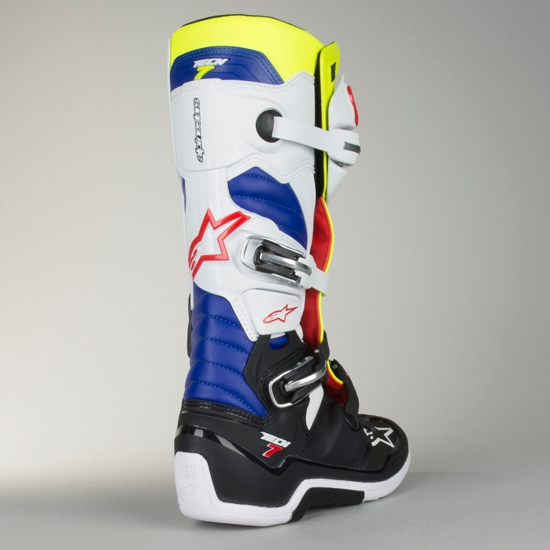 Alpinestars Tech 7 alb-negru-albastru-albastru-roșu-galben-fluo cizme de motocicletă