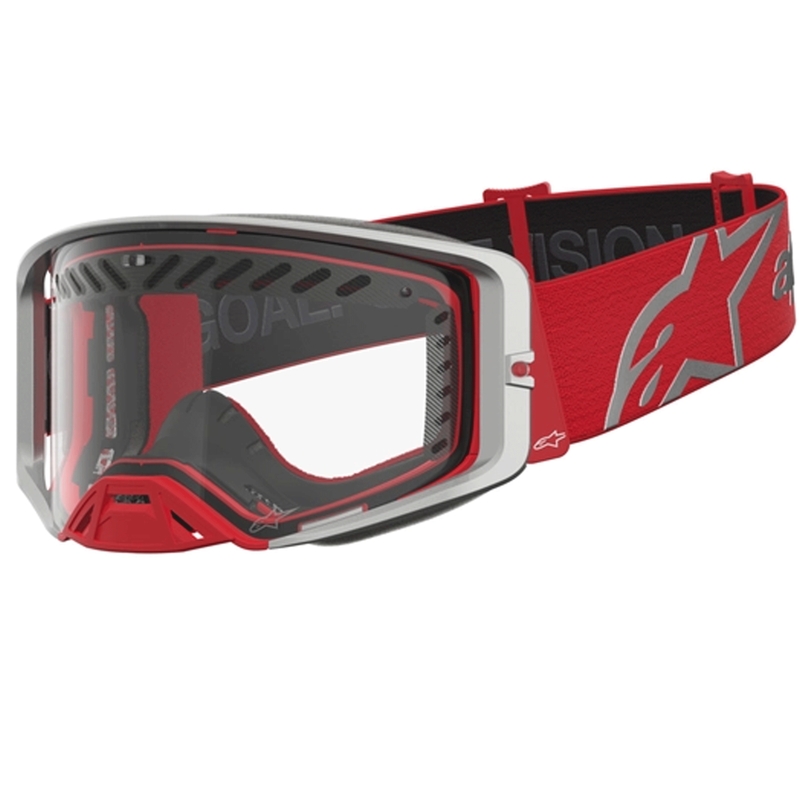 Ochelari de motocross Alpinestars Supertech Dura Air Fluid roșu-argintiu cu plexiglas transparent