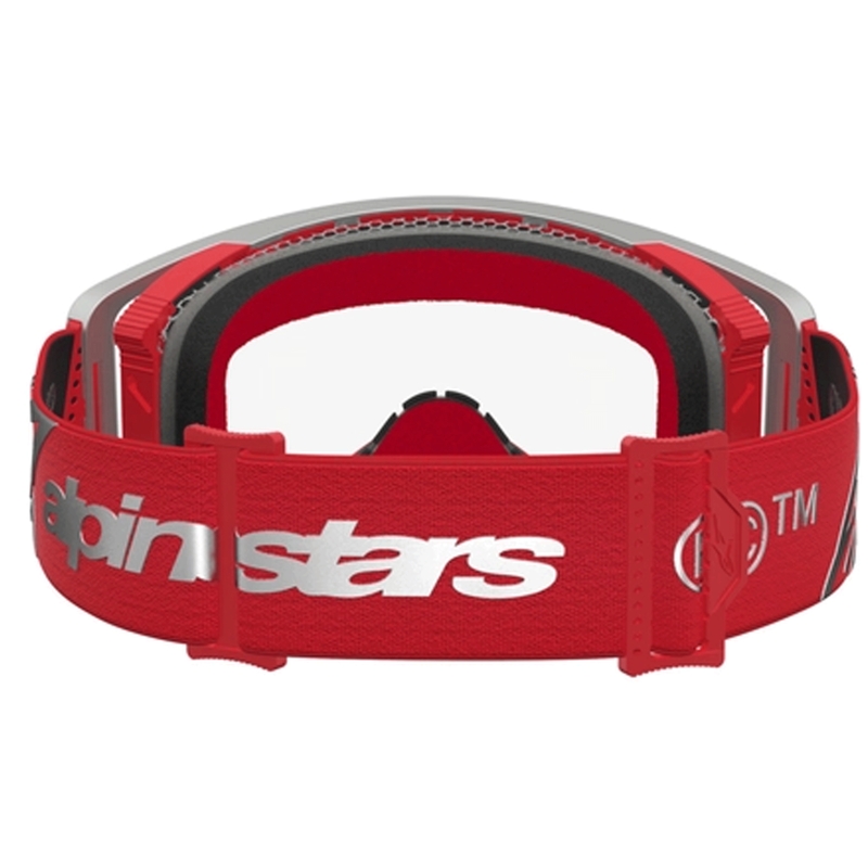 Ochelari de motocross Alpinestars Supertech Dura Air Fluid roșu-argintiu cu plexiglas transparent