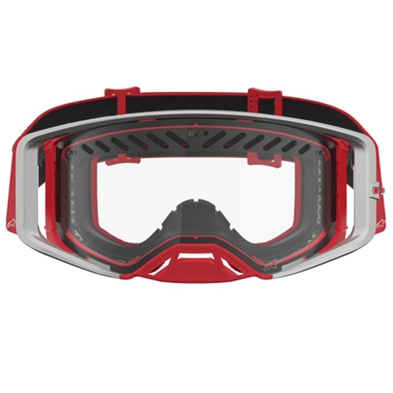 Ochelari de motocross Alpinestars Supertech Dura Air Fluid roșu-argintiu cu plexiglas transparent