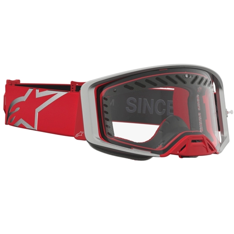 Ochelari de motocross Alpinestars Supertech Dura Air Fluid roșu-argintiu cu plexiglas transparent
