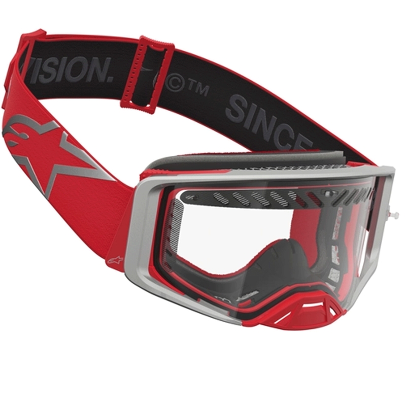 Ochelari de motocross Alpinestars Supertech Dura Air Fluid roșu-argintiu cu plexiglas transparent