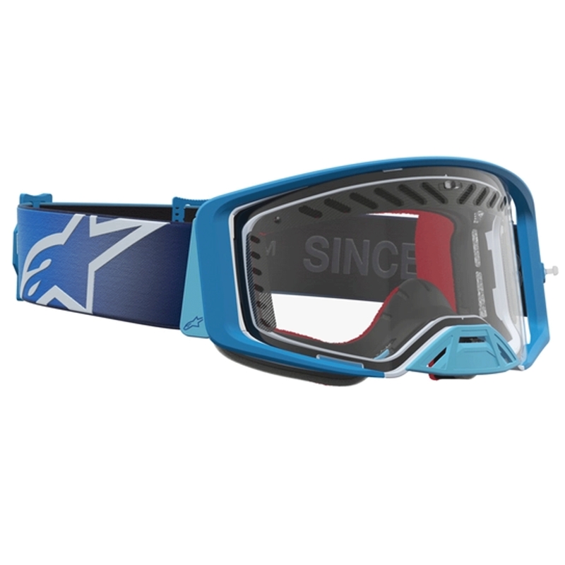 Ochelari motocross Alpinestars Supertech Dura Air Fluid albastru-argintiu cu plexiglas transparent