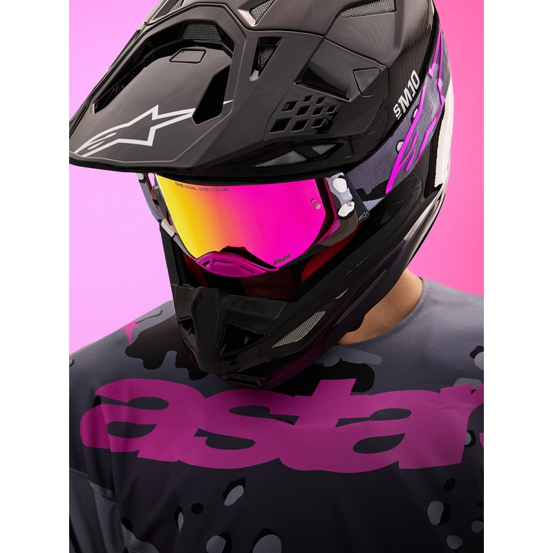 Ochelari motocross Alpinestars Supertech Lone violet camo cu plexiglas roz oglindă
