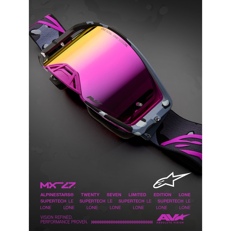 Ochelari motocross Alpinestars Supertech Lone violet camo cu plexiglas roz oglindă