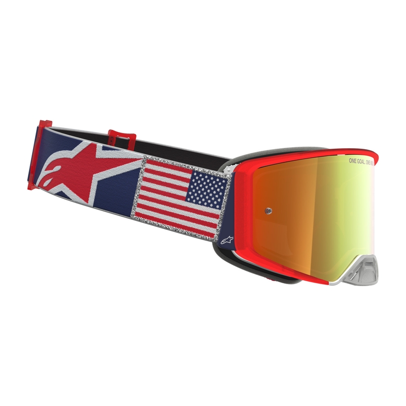 Ochelari motocross Alpinestars Supertech Fiftyfold albastru-roșu-alb cu plexiglas roșu oglindit
