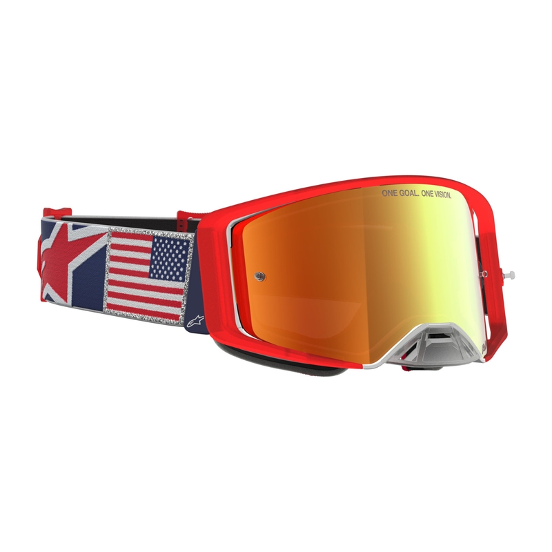 Ochelari motocross Alpinestars Supertech Fiftyfold albastru-roșu-alb cu plexiglas roșu oglindit
