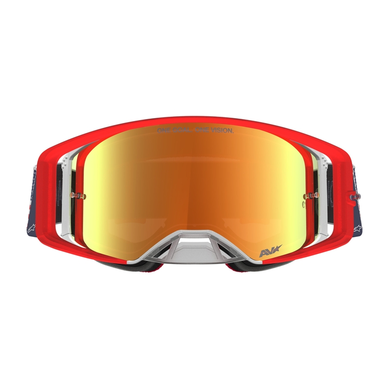 Ochelari motocross Alpinestars Supertech Fiftyfold albastru-roșu-alb cu plexiglas roșu oglindit