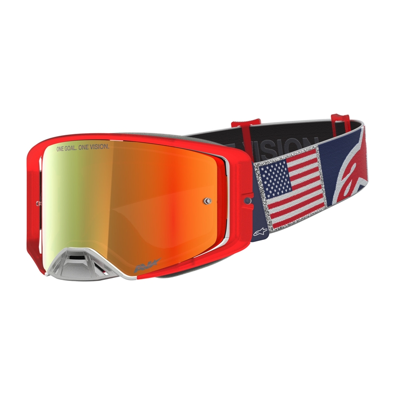 Ochelari motocross Alpinestars Supertech Fiftyfold albastru-roșu-alb cu plexiglas roșu oglindit