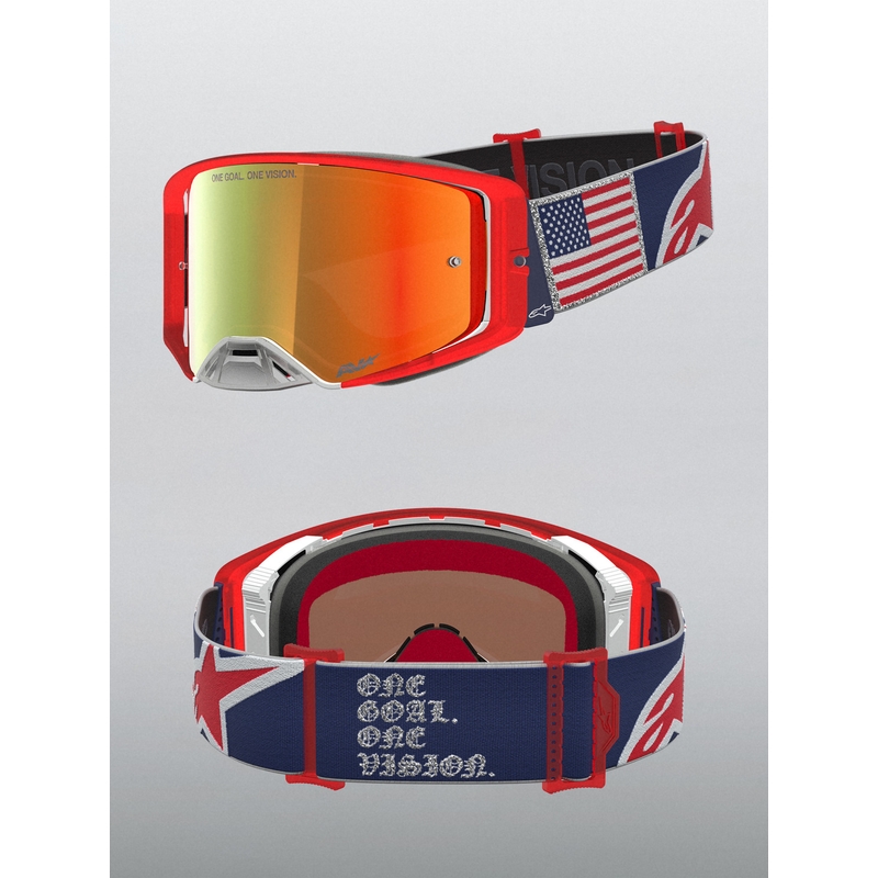 Ochelari motocross Alpinestars Supertech Fiftyfold albastru-roșu-alb cu plexiglas roșu oglindit
