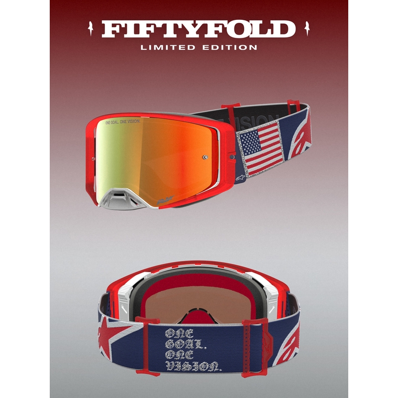 Ochelari motocross Alpinestars Supertech Fiftyfold albastru-roșu-alb cu plexiglas roșu oglindit