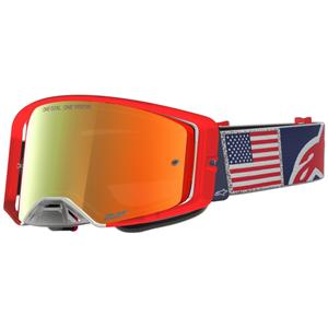 Ochelari motocross Alpinestars Supertech Fiftyfold albastru-roșu-alb cu plexiglas roșu oglindit
